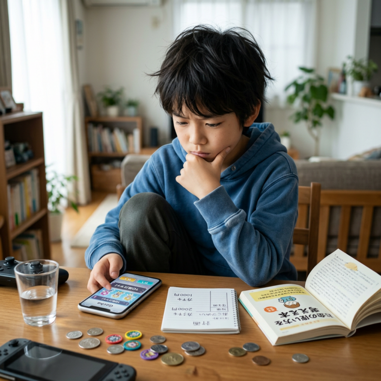 Child in blue hoodie studying with books, phone, coins, and game console